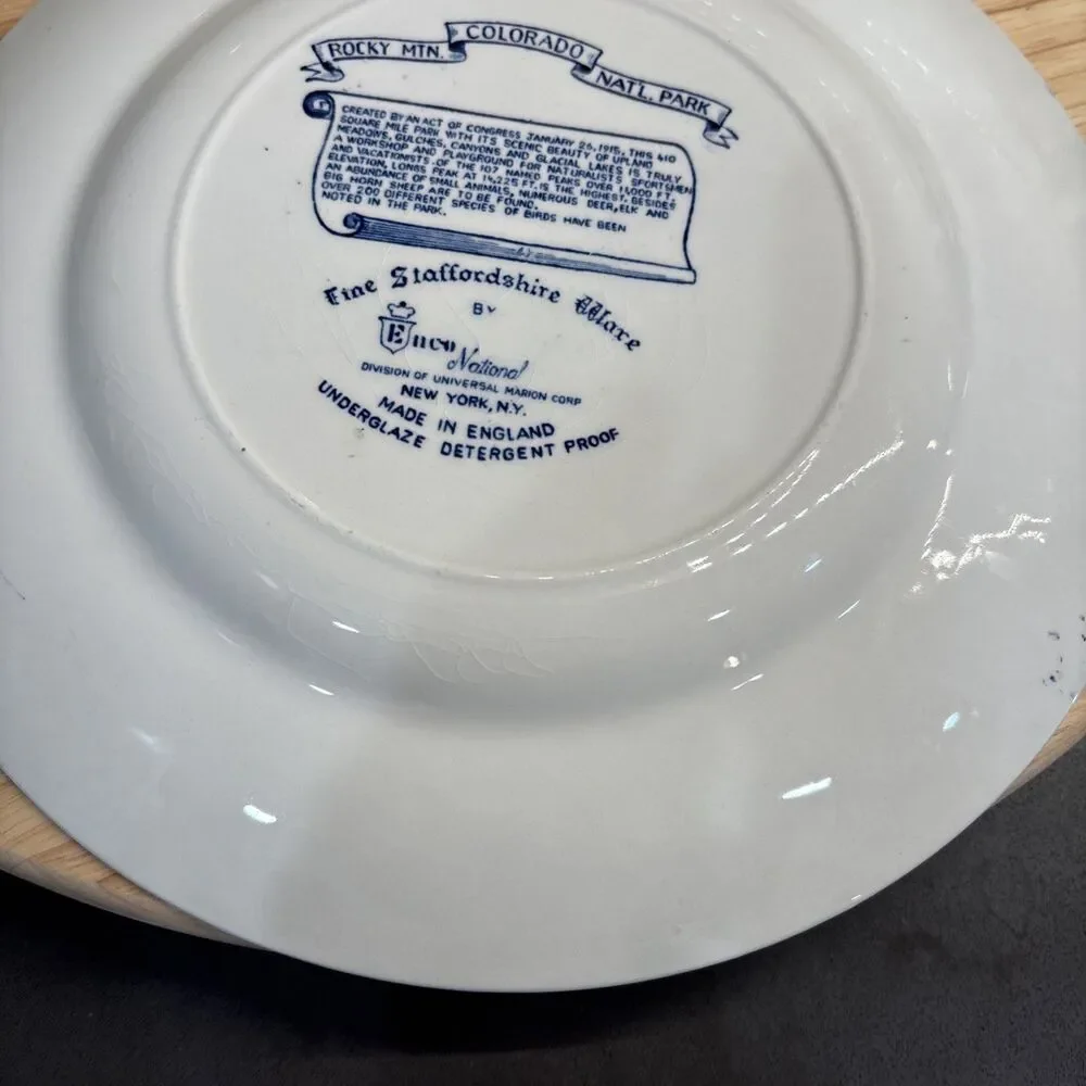 Vintage Rocky Mtn Nat’l Park Fine Straffordshire Ware Blue White Souvenir Plate